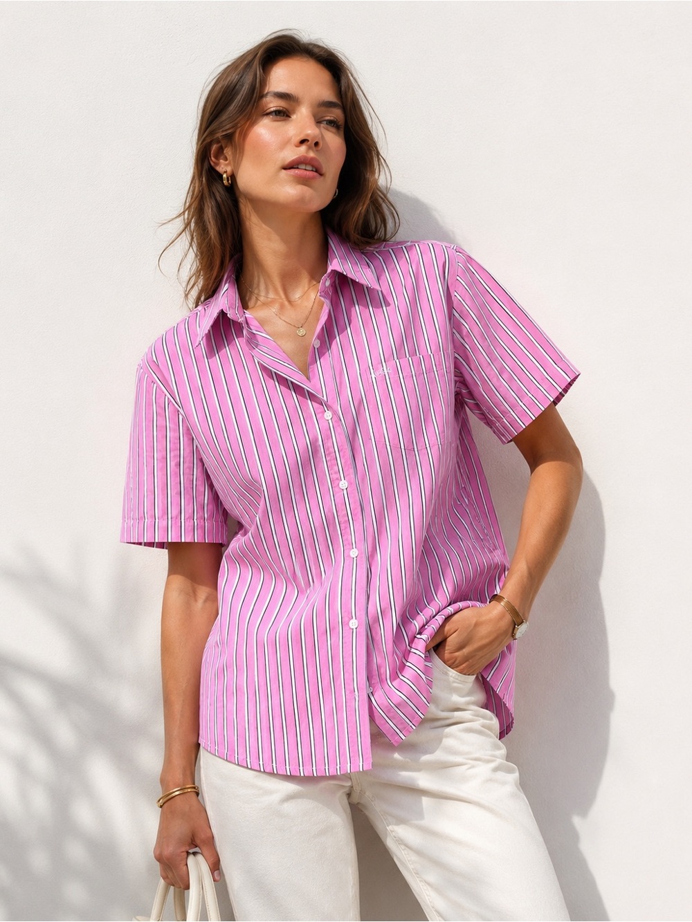 Cruel Girl Women’s Pink Striped Button-Up Shirt – Size L – 100% Cotton